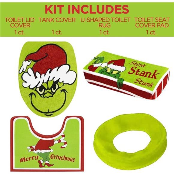 Set of 4 Grinch Decor Toilet Seat Cover and Rug for Indoor Home Red - Green - Picture 6 of 6